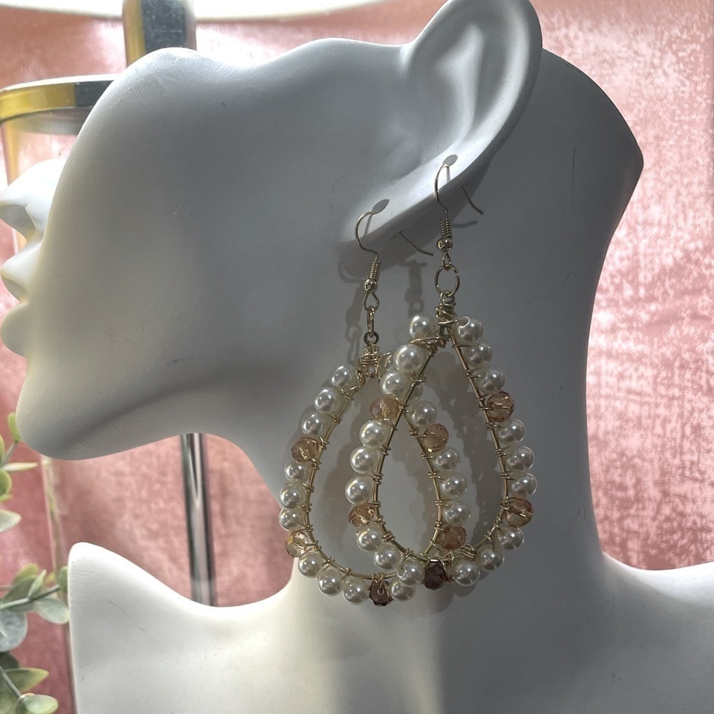 Pearl, Light Purple and Apricot Beaded Hoop Earrings